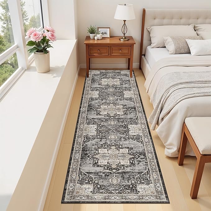 RUUGME Washable 2x8 Oriental Runner Rug - Soft Stain Resistant Rugs for Living Room Bedroom Non Slip Low Pile Carpets for Dining Room Home Decor Mat 2x8 Black