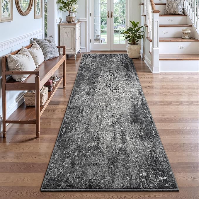 2x8 Black Rug Runners for Hallways Kitchen Runner Rug Non Slip Washable Black Long Runner Rugs with Rubber Backing Soft Abstract Carpet Runner for Bedroom, Kitchen, Bathroom, Entryway