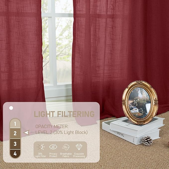 LAMIT Burgundy Red Sheer Linen Curtains, 80 inch Light Filtering Semi Sheer Panels Back Tab and Rod Pocket Christmas Drapes for Bedroom/Living Room, 2 Panels, 52 x 80 Inch