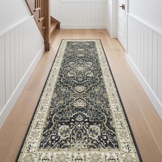 3x10 Non Slip Hallway Runner Rug - Washable Vintage Distressed Kitchen Carpet, Ultra-Thin Soft Low Pile Entryway Mat with Rubber Backing for Bedroom Living Room (Black)