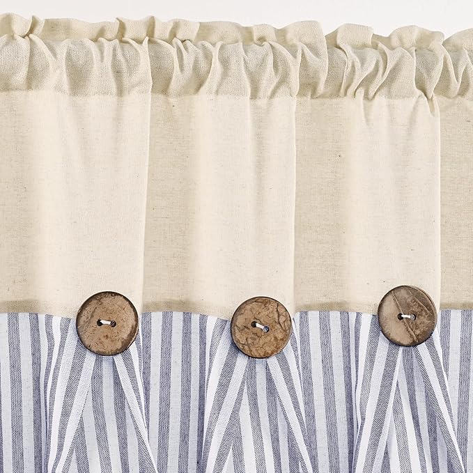 ASPMIZ Farmhouse Cotton Linen Swag Valances for Windows, Boho Kitchen Curtains Valances with Rustic Buttons, Blue Striped Window Treatments Curtain Valance for Bathroom Cafe, 61 x 36 Inch, 1 Panel