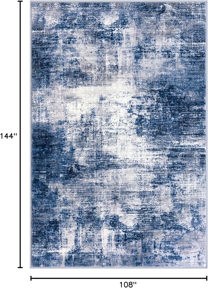 IOHOUZE Abstract Area Rugs 9x12 Ft Washable Large Rugs for Living Room, Non Slip Dining Room Rug, Printed Faux Wool Rugs for Bedroom, Floor Carpet for Office Nursery Playroom, Navy/Grey