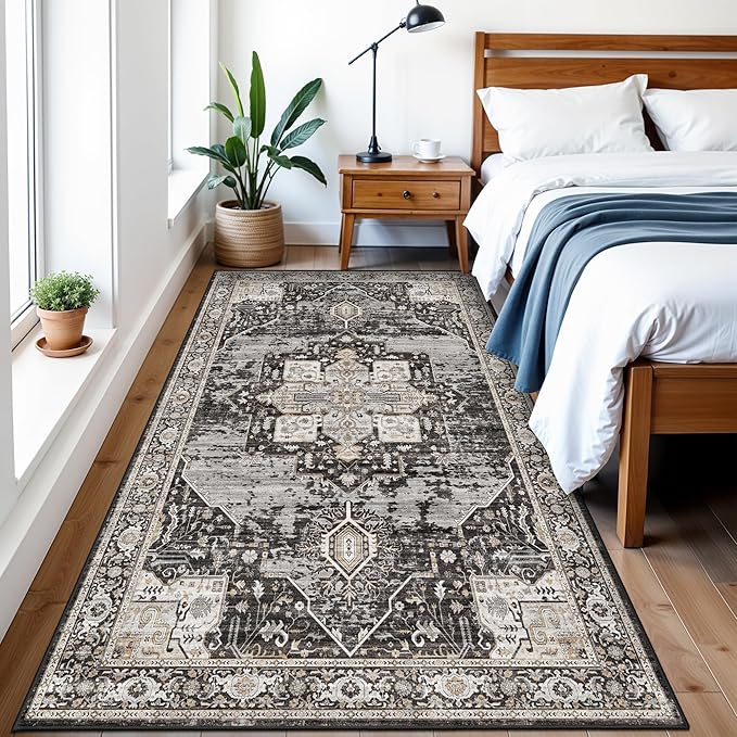 Washable 4x7 Area Rug for Entryway: Vintage Distressed Rugs with Non Slip Backing Low Pile Soft Indoor Carpet for Living Room/Kitchen/Bedroom Stain Resistant Decor Mat for High-Traffic Areas 4x7 Black