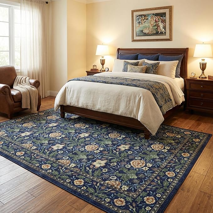 GarveeHome Area Rugs 8x10 for Living Room, Forest Green Floral Large Washable Rug Soft Non Slip Carpet Indoor Thin Accent Rug for Bedroom Dining Room Playroom Nursery Home Decor