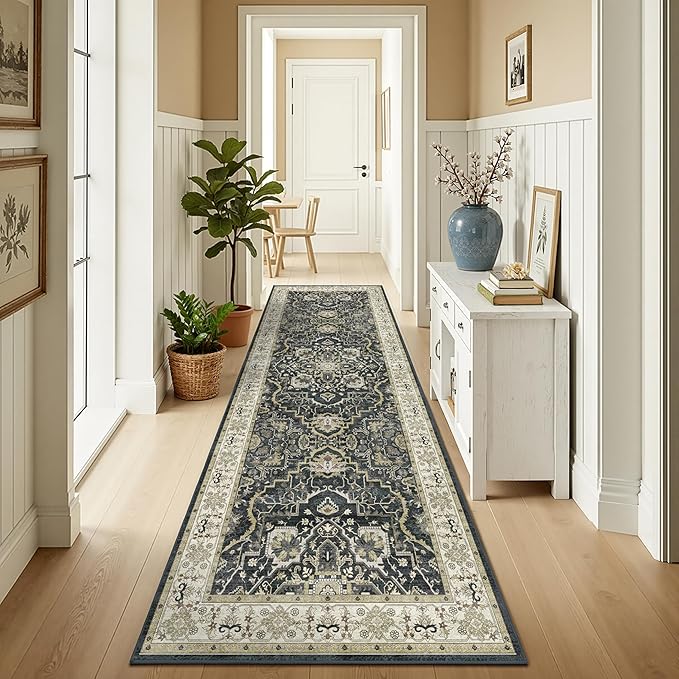 3x10 Non Slip Hallway Runner Rug - Washable Vintage Distressed Kitchen Carpet, Ultra-Thin Soft Low Pile Entryway Mat with Rubber Backing for Bedroom Living Room (Black)