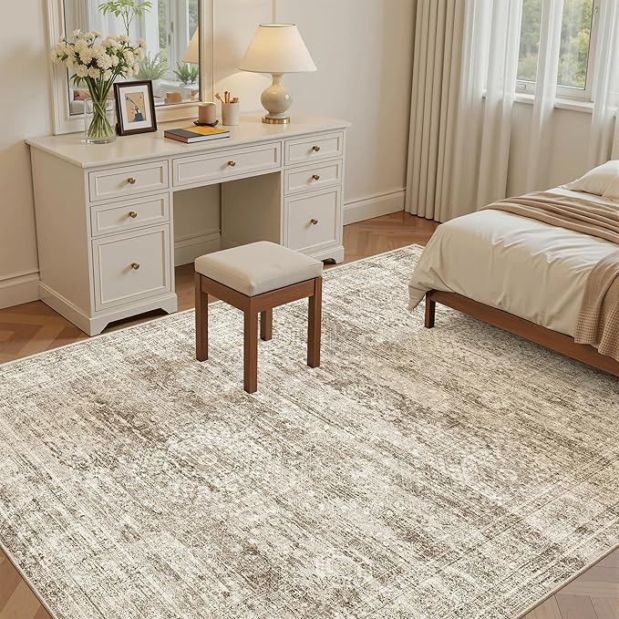 Soalmost 7x9 Area Rug for Living Room Washable Abstract Vintage Soft Thin Indoor Floor Non-Slip Carpet for Bedroom Dining Room Brown