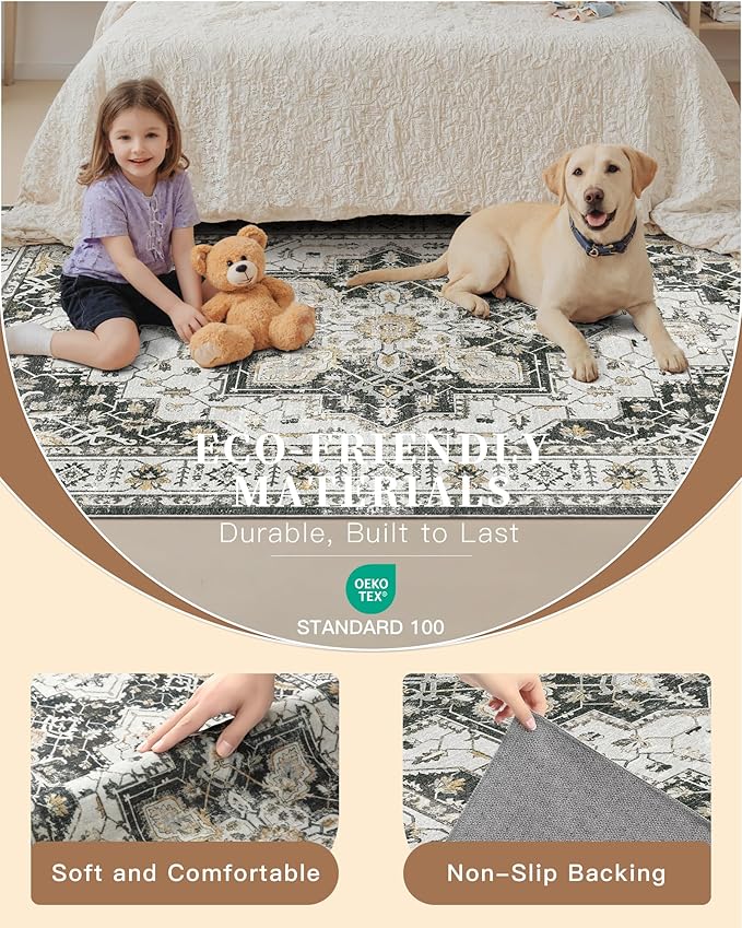 Madane Hallway Runner Rug 2'6''x12' Kitchen Runner, Non Slip Vintage Runners for Hallways Washable Kitchen Rugs Soft Low Pile 2.5x12 ft Rug Runner for Laundry Room, Entryway and Bedroom, Black