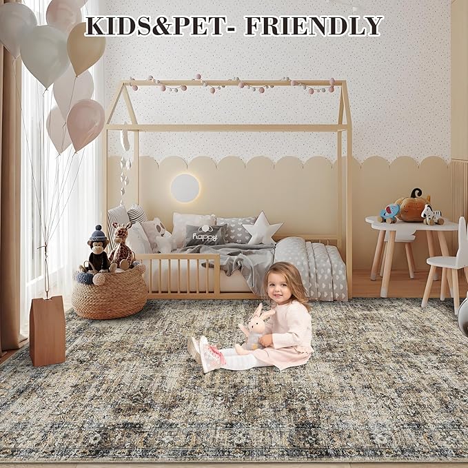 GarveeHome Vintage Rug 5x7 Floral Print Area Rug for Living Room Washable Non Slip Farmhouse Distressed Indoor Carpet Foldable Low Pile Soft Accent Throw Rug for Bedroom Home Nursery, Brown