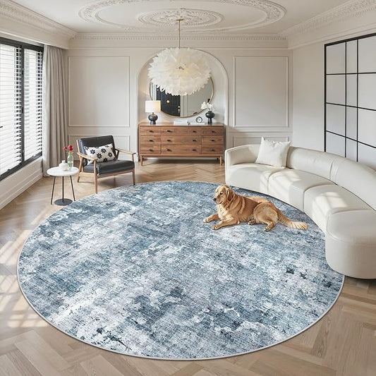 Soalmost 8x8 Blue/Grey Round Rug 8ft Living Room Circle Rug Vintage Round Area Rug Non Slip Indoor Carpet for Apartment