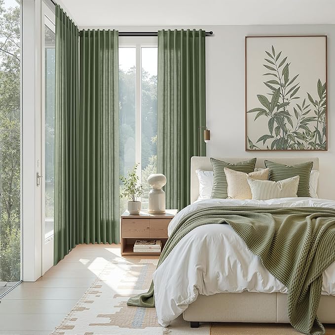 Nanspring Forest Green Linen Curtains for Living Room 72 Inches Long Light Filtering Semi Sheer Curtain Back Tab and Rod Pocket Wabi Sabi Boho Decor Luxury Drapes for Bedroom Office 52x72, 2 Panels