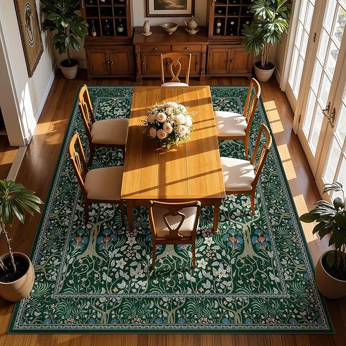 Joydeco Washable 9x12 Area Rugs for Living Room, Large Non Slip Vintage Floral Rug, Boho Bedroom Mats Under Bed, Soft Ultra-Thin Throw Carpet for Dining Room Apartment, Dark Green