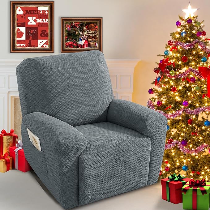 JIVINER 4-Piece Recliner Chair Covers Stretch Jacquard Covers for Reclining Chair Recliner Slipcovers for Living Room Soft Recliner Protector with Pocket (Recliner, Light Gray)