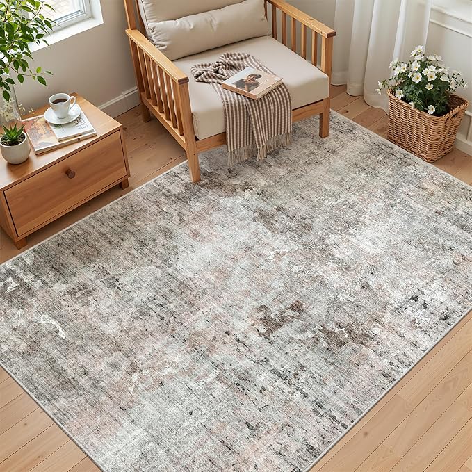 Soalmost 3x5 Rug, Abstract Small Area Rug for Kitchen, Entryway, Machine Washable Non-Slip Throw Rug, Vintage Carpet for Nursery Coffee Table Pink Grey