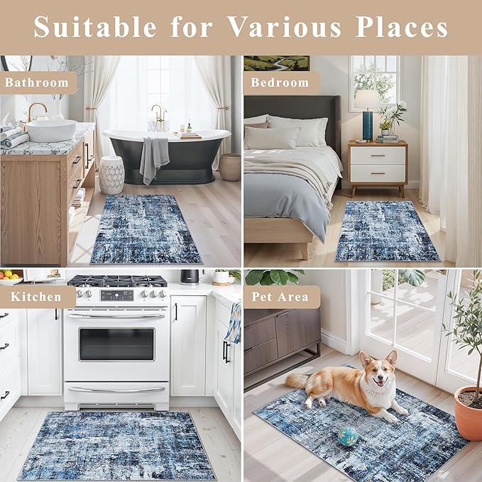 2x3 Washable Non-Slip Area Rug - Soft Low Pile Throw Rug for Kitchen Entryway Bedroom - Modern Indoor Door Mat with Rubber Backing (Blue, 2x3)