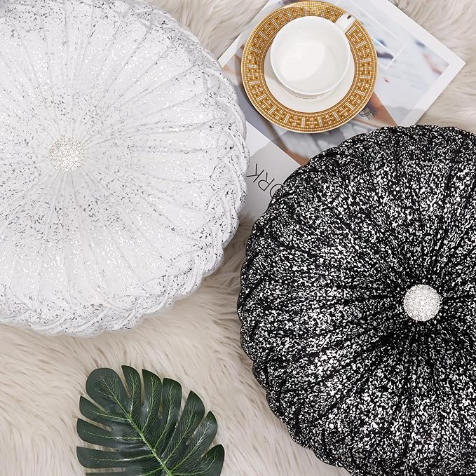EUCIOR Round Throw Pillows,White and Silver Throw Pillows,White Decorative Pillow,Pumpkin Pleated Handmade Round Velvet Decorative Pillow for Sofa Bedroom Livingroom