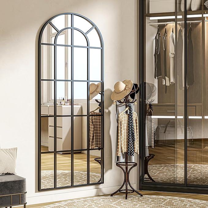 Full Length Mirror, 25"×69" Window pane Arched Mirror Full Body Floor, Grid-Designed Decorative Farmhouse with Metal Frame Hanging or Leaning for Entryway, Living Room, Home Decor, Black