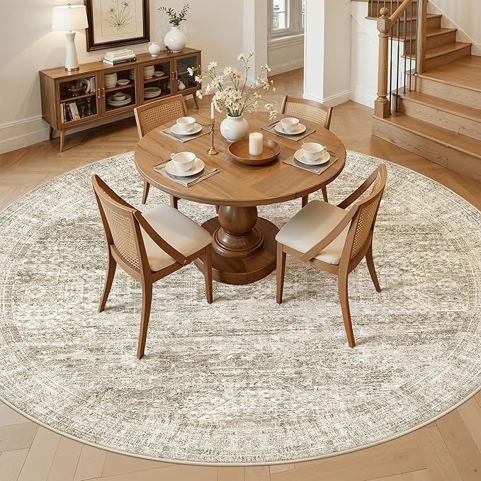 Soalmost 9x9 Brown Round Rug 9ft Living Room Circle Rug Vintage Round Area Rug Non Slip Indoor Carpet for Apartment