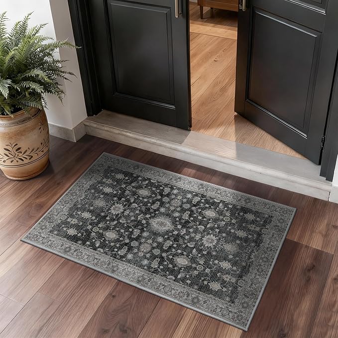 GENIMO Entryway Rug Floral Rug, 2x3 Washable Door Mat Non Slip, Thin Floor Rugs for Entryway Hallway Bathroom Laundry Room Corridor, Charcoal