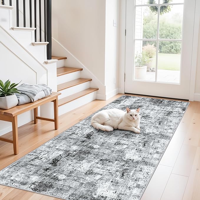 3x7 Washable Non-Slip Kitchen Runner Rug – Modern Abstract Neutral Beige & Gray Carpet for Hallway, Entryway, Bedroom, Laundry Room – Low-Pile Thin Wide Floor Runner with Rubber Backing （Grey）
