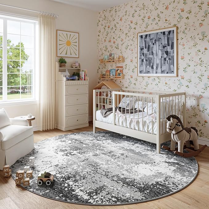 Round Area Rugs 6ft Washable Grey Circle Rug for Entryway Kitchen, Non Slip Soft Low Pile Stain Resistant, Boho Circular Carpet for Living Room Bedroom Dorm Dining Room Table, Abstract Gray