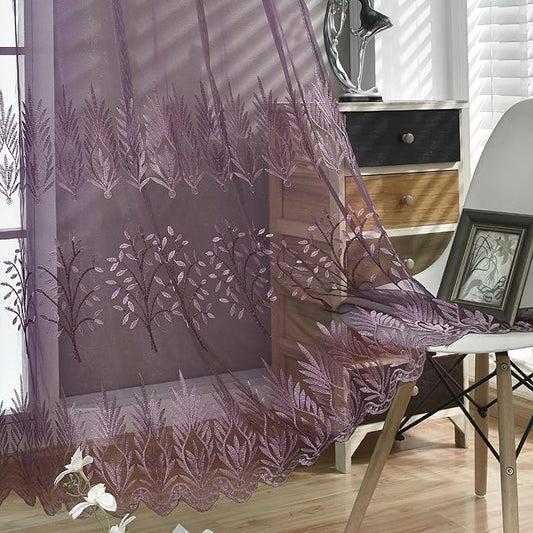 DONREN Tree Branch Printed Embroidery Sheer Curtains for Bedroom - Luxury Plum Purple Embroidery Sheer Curtain Panels for Living Room (W 52 x L 84 Inch,2 Panels)
