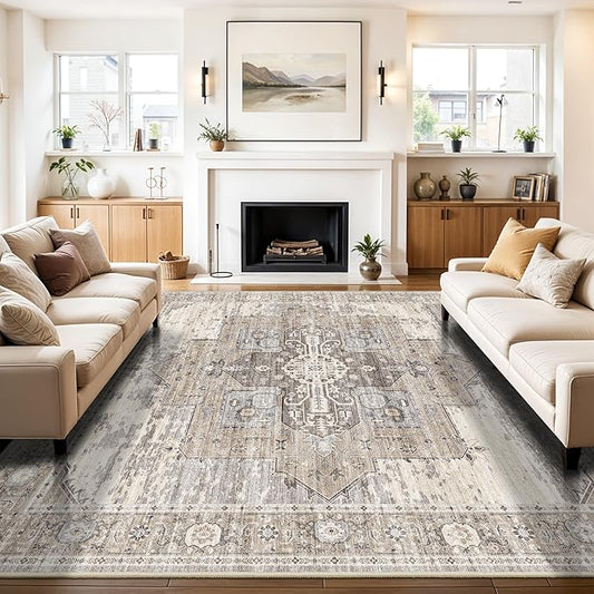 9x9 Living Room Square Area Rug, Vintage Large Washable Square Rugs for Bedroom/Dining Room/Home Office/Study Room Non Slip & Stain Resistant Carpets for Home with Dogs Cats 9X9 Beige