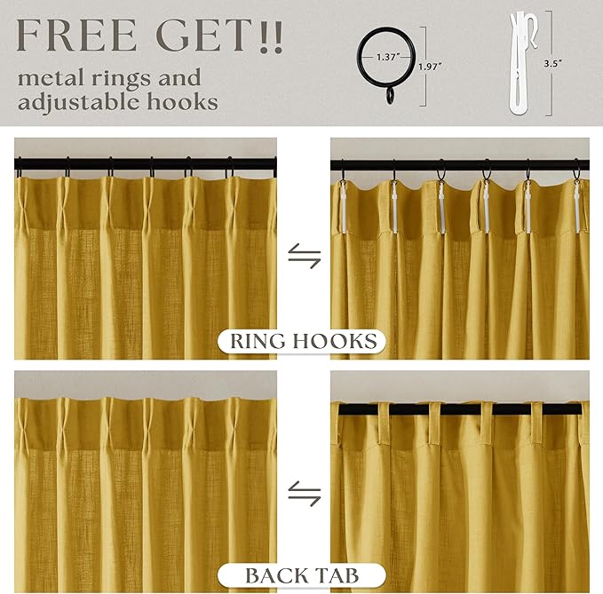 Gold Yellow Linen Pinch Pleated Curtains 108 Inches Long 2 Panels for Living Room Bedroom Light Filtering Drapes 108 Inch Length Mustard Yellow Semi Sheer Memory Shape Trained Ceiling Floor Curtain