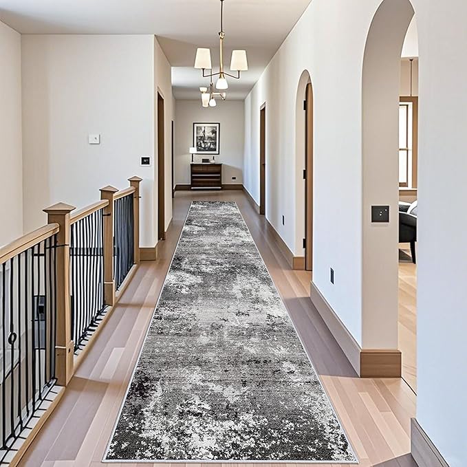 3x20 ft Extra Long Hallway Runner Rug - Non-Slip Washable Floor Runner with Rubber Backing, Modern Low Pile Thin Wide Carpet for Entryway, Kitchen, Living Room (Black Grey, 3x20)