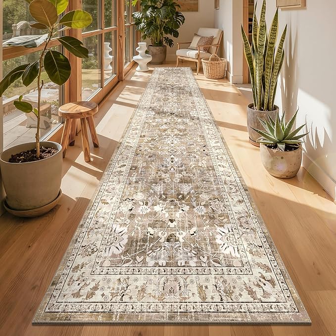 LOKHOM Washable Runner Rug, 3x14 Non-Slip Vintage Kitchen Runner Rug with Rubber Backing, Boho Floral Soft Faux Wool Hallway Rug Carpet Runner for Laundry Entryway Bedroom (Beige Brown)