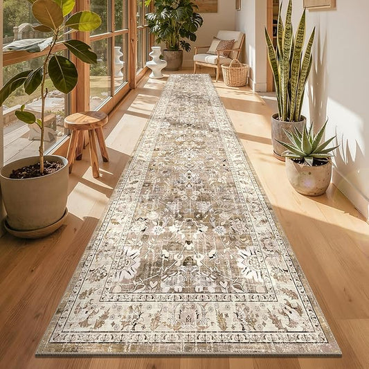LOKHOM Washable Runner Rug, 3x14 Non-Slip Vintage Kitchen Runner Rug with Rubber Backing, Boho Floral Soft Faux Wool Hallway Rug Carpet Runner for Laundry Entryway Bedroom (Beige Brown)