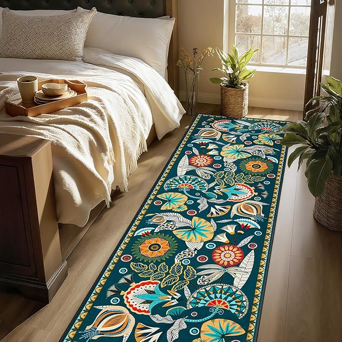 Joydeco Egypt Floral Boho 2x8 Bathroom Hallway Runner Rug Non Slip, Washable Dark Green Kitchen Rug Runner, Vintage Ultra-Thin Long Carpet for Entryway Laundry Bath Room Bed Beside