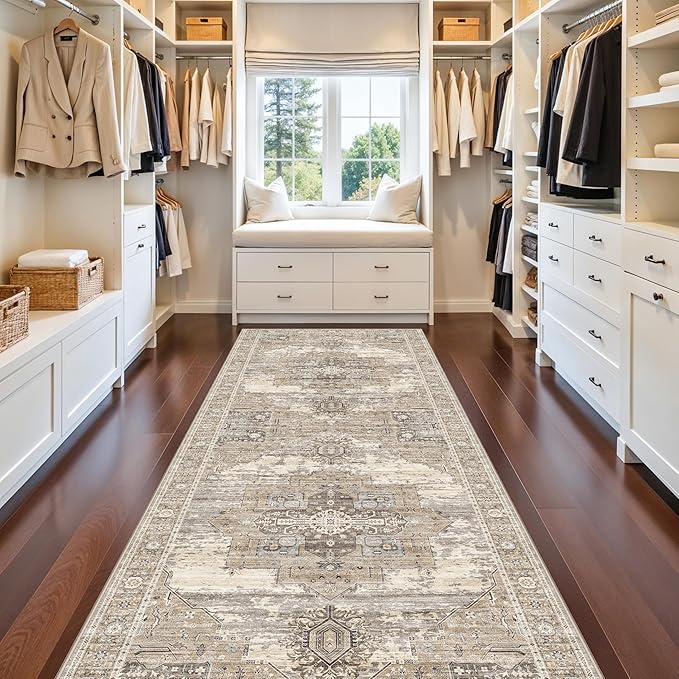 4x12 Runner Rug Wide Hallway - Washable Long Runners for Entryway Bedroom Kitchen Soft Stain Resistant Carpet Vintage Ultra-Thin Rugs with Non Slip Backing Home Decor Desiged for RV Living 4x12 Beige
