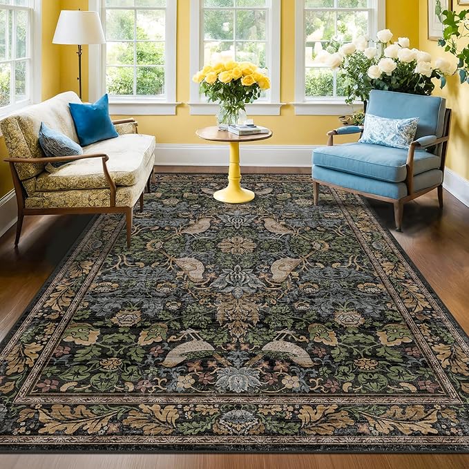 Hazo Haus Boho Living Room Rug 5x8 - Dark Green Rugs 5x8 for Bedroom, Dining Room, Office with Vintage Forest Farmhouse Botanical & Bird Design, Non Slip Stain Resistant Low Pile - Brown
