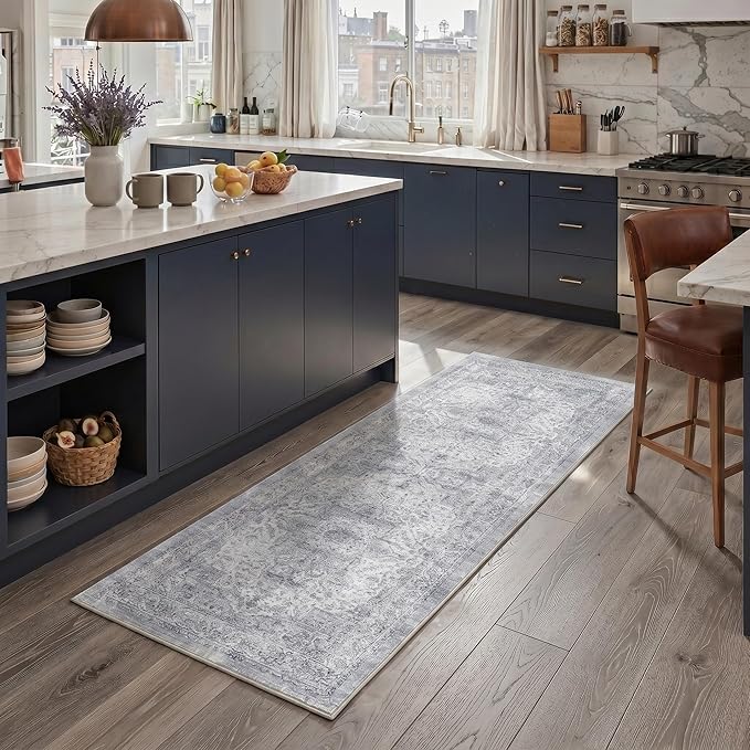 GENIMO Runner Rug for Hallways Machine Washable, 2x8 Non Slip Boho Vintage Lightweight Washable Runners, Thin Floor Rugs for Entryway Hallway Bathroom Laundry Room Corridor, Grey