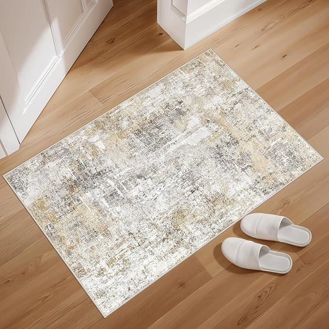 2x3 Washable Non-Slip Area Rug - Soft Low Pile Throw Rug for Kitchen Entryway Bedroom - Modern Indoor Door Mat with Rubber Backing (Gold Grey)