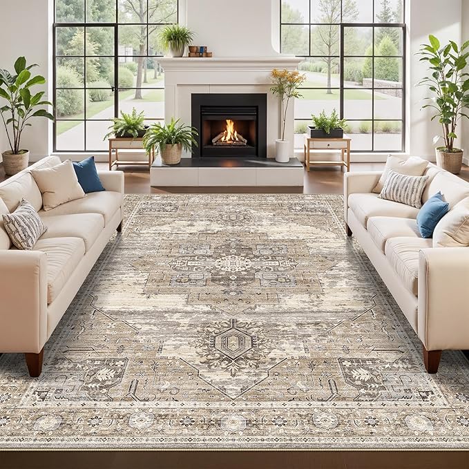 RUUGME 7x10 Rugs for Living Room: Boho Washable Area Rugs with Non Slip Backing Stain Resistant Carpet for Dining Room Bedroom Ultra Thin Soft Decoration Mat for Study Room Office 7x10 Beige