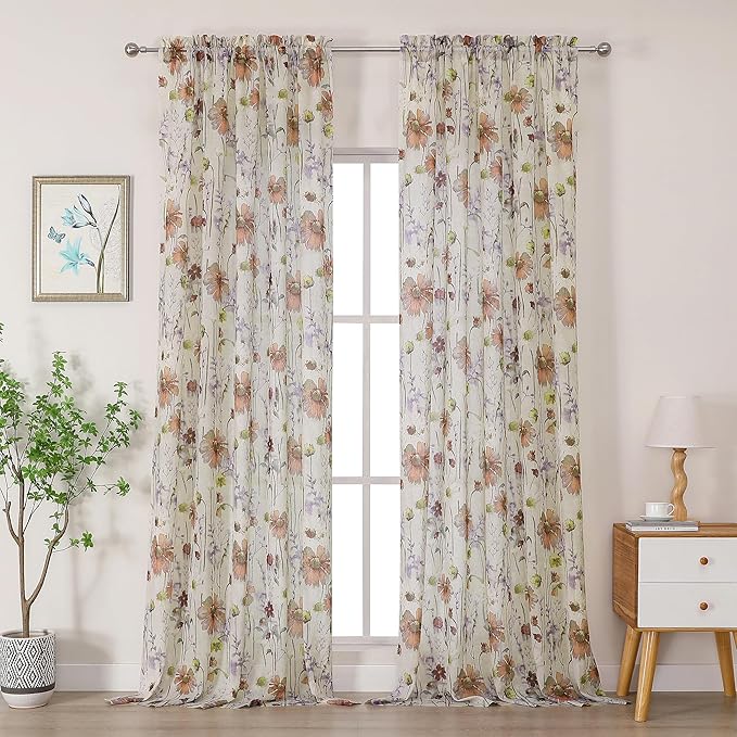 OWENIE Printed Sheer Curtains 108 Inches Extra Long 2 Panels Set, Sheer Floral Curtains Printing Drapes on Sheers for Living Room Bedroom, Rod Pocket Light Filtering Window Sheers 51" W x 108" L