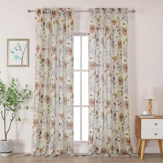 OWENIE Printed Sheer Curtains 108 Inches Extra Long 2 Panels Set, Sheer Floral Curtains Printing Drapes on Sheers for Living Room Bedroom, Rod Pocket Light Filtering Window Sheers 51" W x 108" L