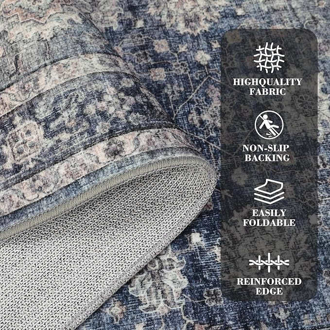GarveeHome Large Area Rugs 9x12 Vintage Printed Living Room with Non-Slip Backing, Stain-Resistant Oriental, Washable Farmhouse Low Pile Accent Rugs for Bedroom, Office, Blue