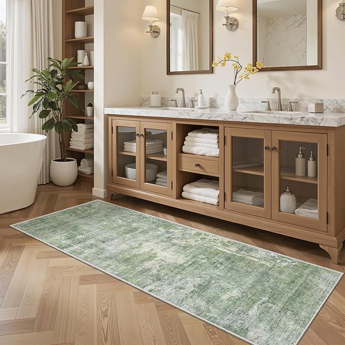 Soalmost Runner Rug 2x6 Washable Non-Slip Kitchen Runner Rugs for Bathroom Laundry Room Green/Ivory Vintage Floor Carpet Runners for Hallway Entryway