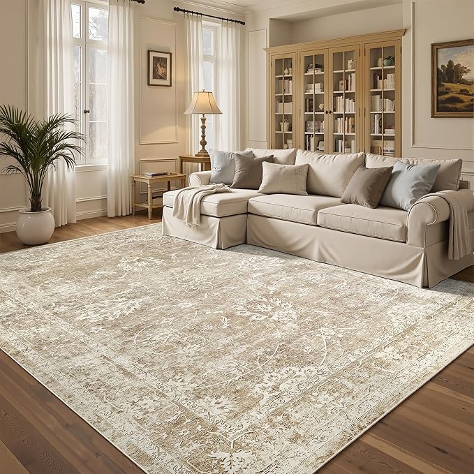 Madane Washable 6x9 Area Rugs for Living Room, Vintage Neutral Rug with Non-Slip Backing, Soft Stain Resistant Throw Rugs Thin Carpet for Bedroom Dining Room Farmhouse (6 x 9, Beige/Brown)