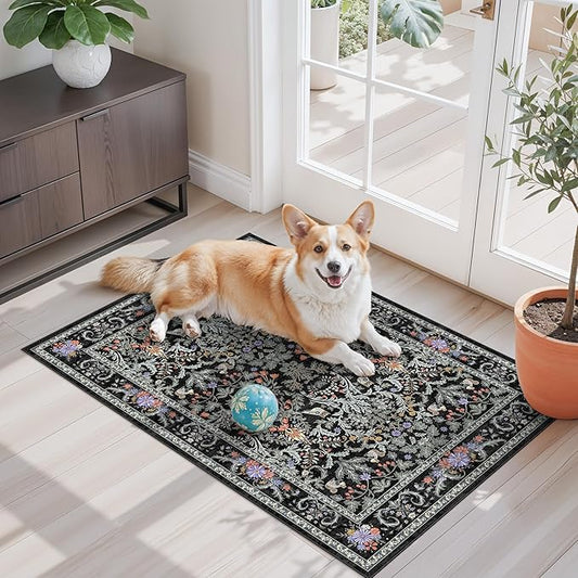2x3 Entryway Rug Washable Non-Slip - Soft Low Pile Botanical Small Area Rug for Kitchen Bedroom - Boho Floral Indoor Door Mat with Rubber Backing (Vibrant Black, 2x3)