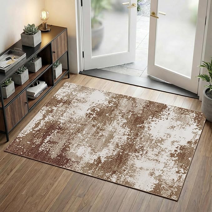 Entryway Rug 3x5 Brown Door Mat Indoor Entrance 36x60, Washable Small Throw Rugs for Kitchen Floor, Entry, Front Door, Bedroom Bedside, Non-Slip Low Pile Stain & Fade Resistant, Abstract Coffee