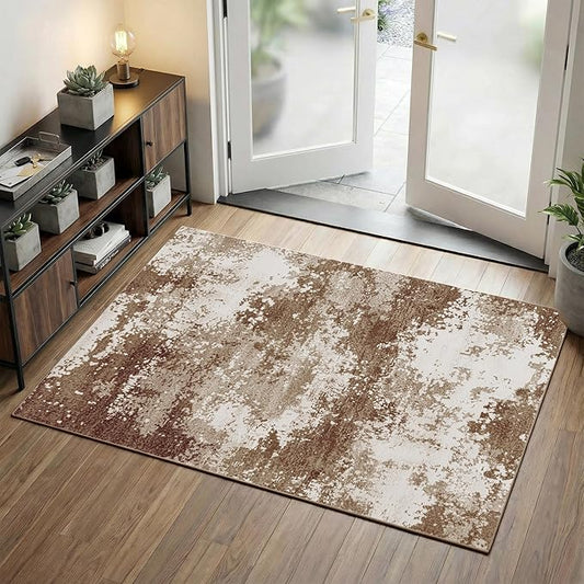 Entryway Rug 3x5 Brown Door Mat Indoor Entrance 36x60, Washable Small Throw Rugs for Kitchen Floor, Entry, Front Door, Bedroom Bedside, Non-Slip Low Pile Stain & Fade Resistant, Abstract Coffee