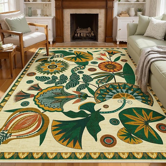 Joydeco Egypt Floral Boho 6x9 Area Rugs for Living Room, Beige Washable Bedroom Dining Room Rug Non Slip, Low Plie Vintage Soft Indoor Throw Carpet for Playroom Nursery Dorm Classroom