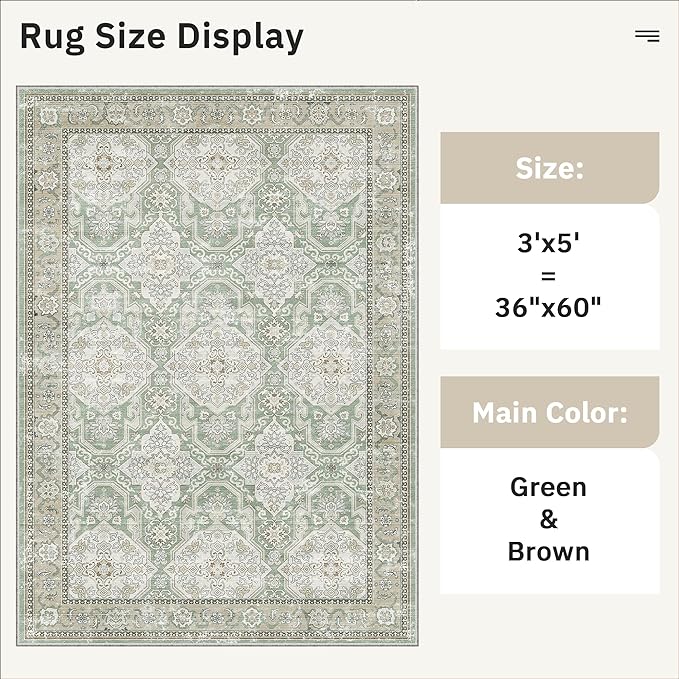 Soalmost 3x5 Rug, Small Area Rug for Kitchen, Entryway, Machine Washable Non-Slip Throw Rug, Vintage Carpet for Nursery Coffee Table Green/Brown