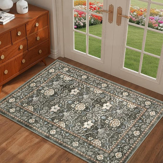 GarveeHome Small Entryway Rug, 2x3 Washable Front Door Rug Indoor Entrance Floral Carpet Non-Slip Low Pile Throw Rugs for Kitchen Floor, Powder Room, Entry, Bathroom, Kids Room