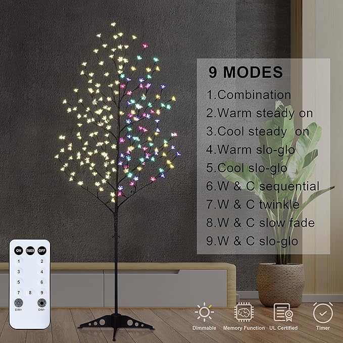 Lightshare Set of 3 LED Cherry Blossom Trees, 4FT 5FT and 6FT Lighted Artificial Trees Multicolor with Remote Contrl for Decoration Inside and Outside, Home Patio Wedding Festival Christmas Decor