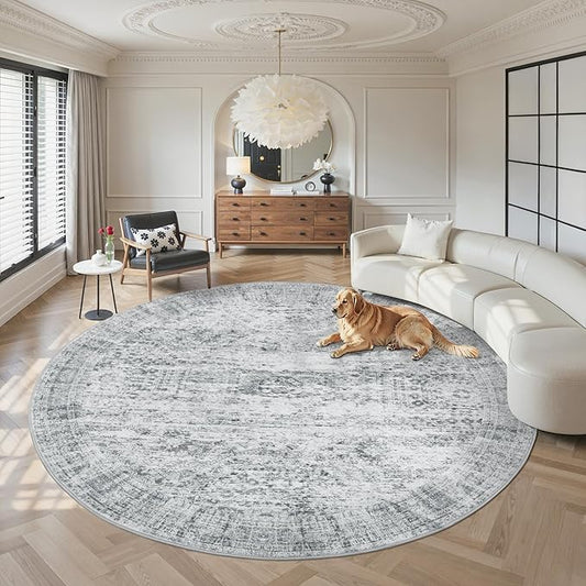 Soalmost 8x8 Grey Round Rug 8ft Living Room Circle Rug Vintage Round Area Rug Non Slip Indoor Carpet for Apartment