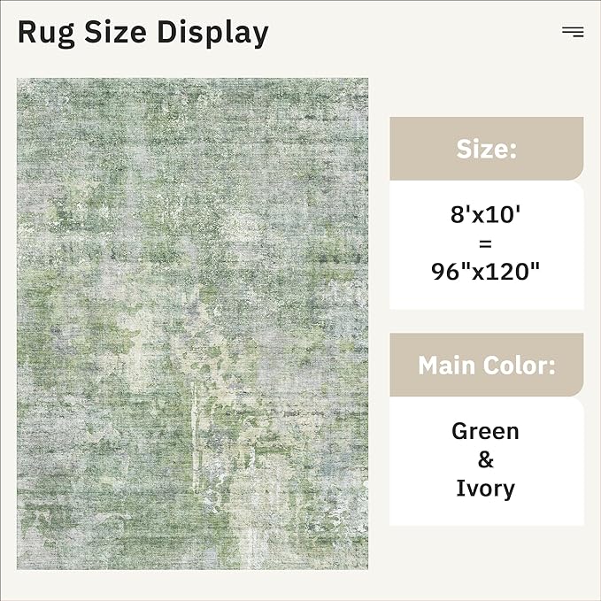 Soalmost Abstract Rug 8x10 Large Living Room Rugs Neutral Modern Washable Area Rugs for Bedroom Dining Room Non-Slip Stain Resistant Foldable Thin Rug Green